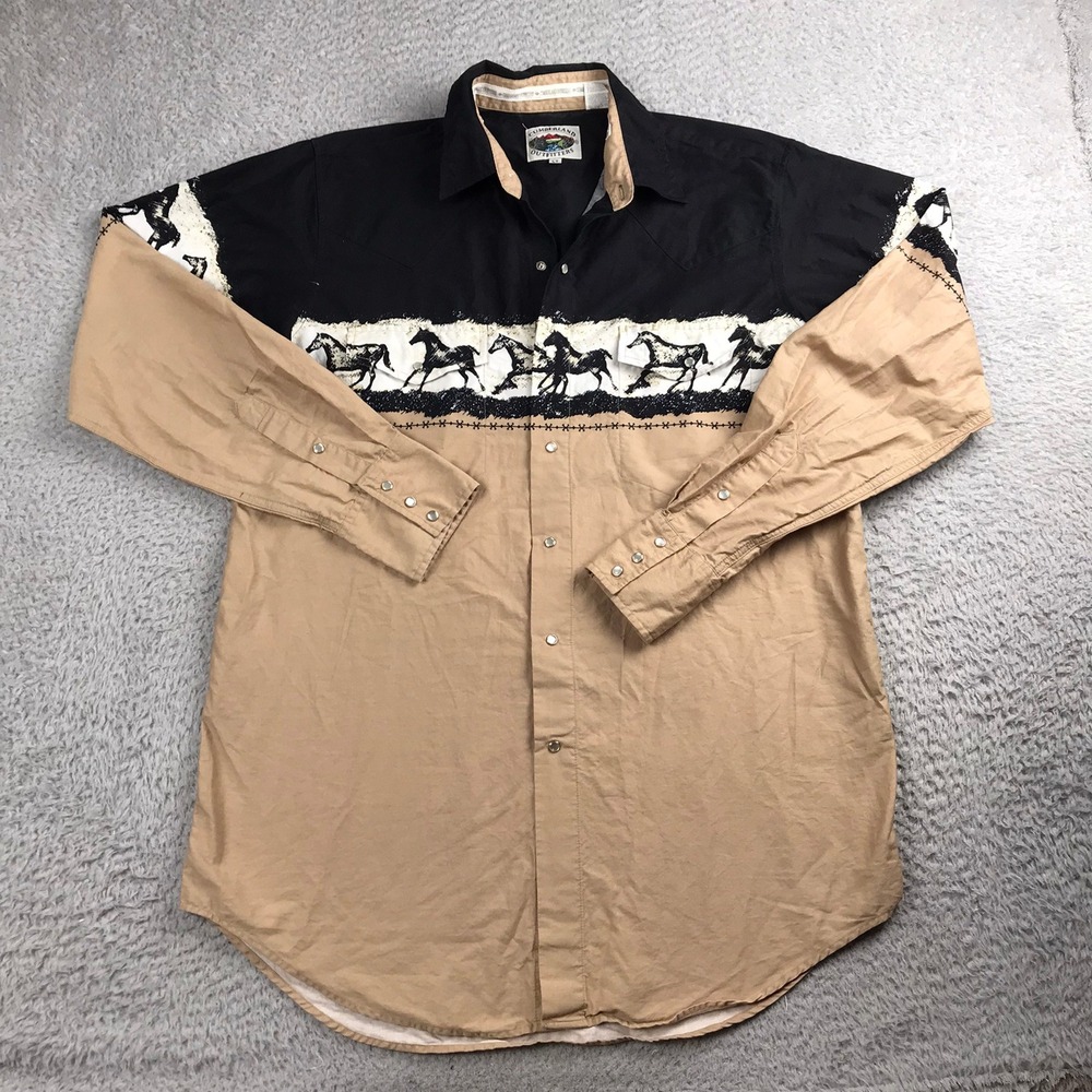 Vtg Cumberland Outfitters Shirt Men LT Tan Black Horse Print Western Pearl Snap